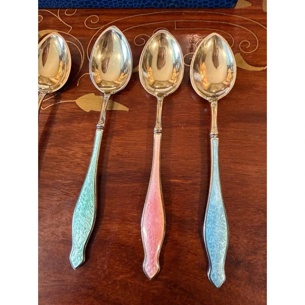Vintage‎ Norwegian Sterling Silver Enamel Demitasse Spoon Set with Box